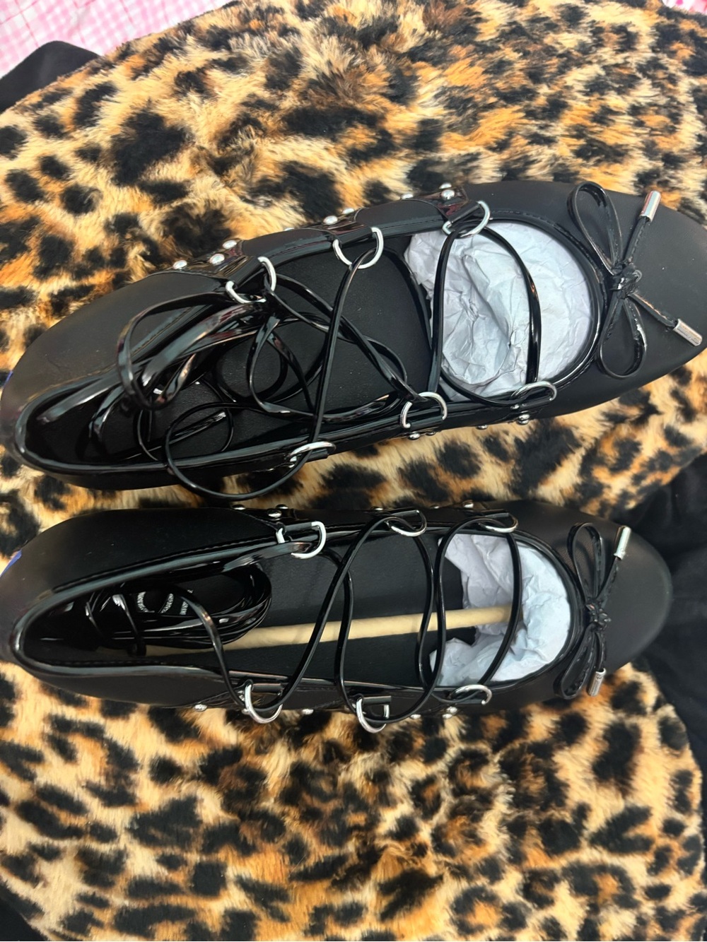 Black Patent Lace-Up Ballet Flats with Bow UK 6 39 EU US 8